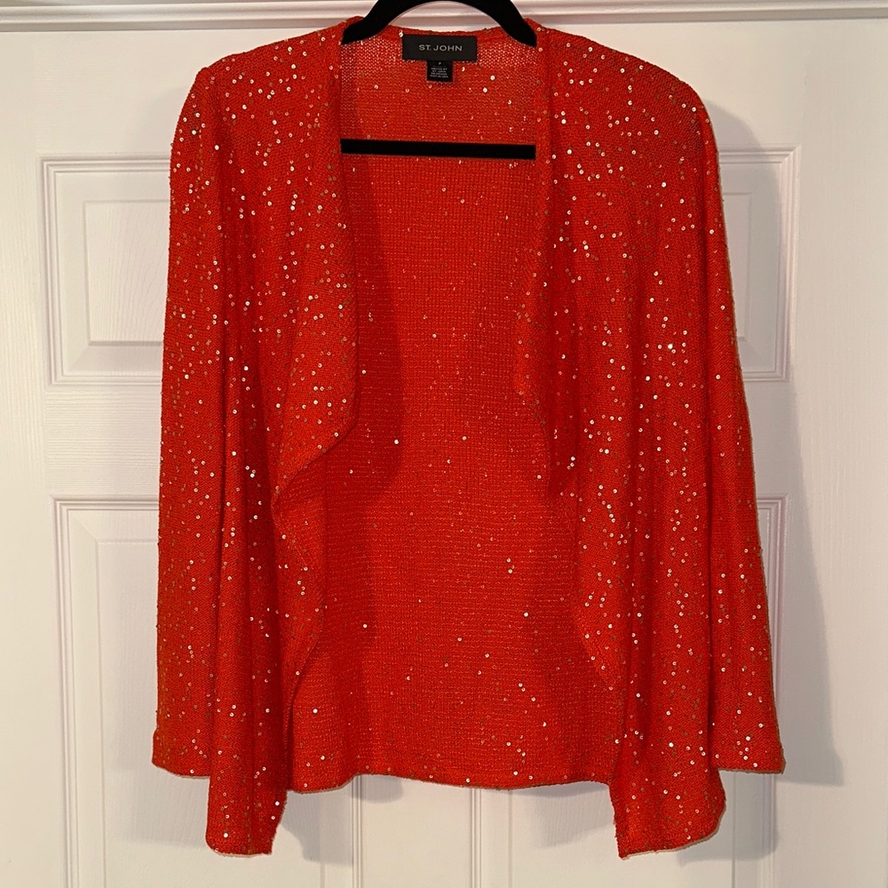 St. John Orange Sequin Knit Cardigan Jacket Petite P Wool Blend